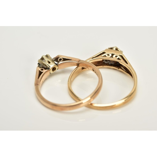 10 - TWO 9CT GOLD SINGLE STONE DIAMOND RINGS, the first designed with a raised claw set round brilliant c... 