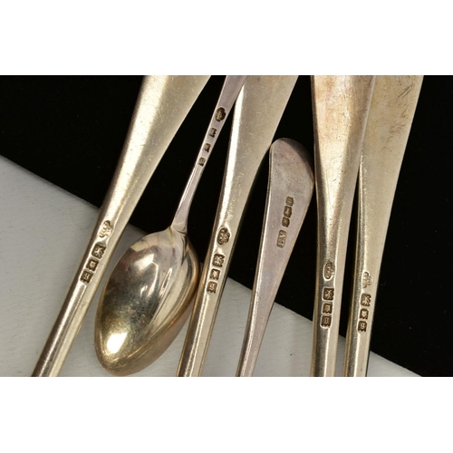 102 - A SELECTION OF SILVER RAT TAIL SPOONS, to include four tablespoons, hallmarked London 1922, a teaspo... 