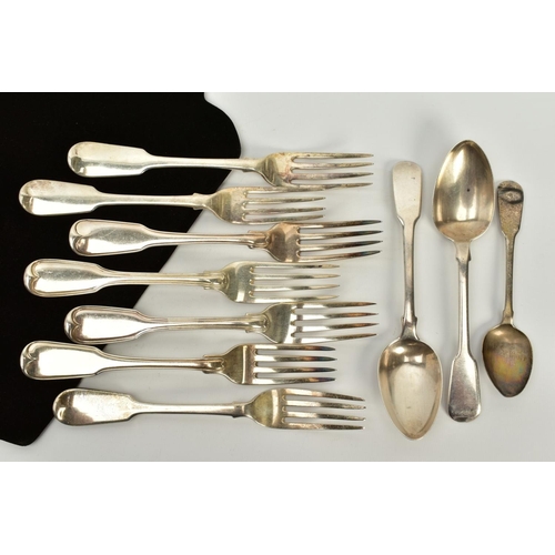 104 - A SELECTION OF SILVER CUTLERY, to include a set of four Fiddle and Thread table forks, hallmarked Lo... 