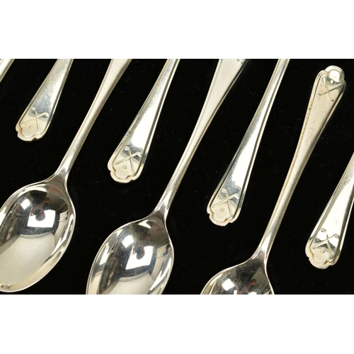 105 - A CASED SET OF TWELVE SILVER GOLFING COFFEE SPOONS, with embossed golf clubs and ball to the handle,... 