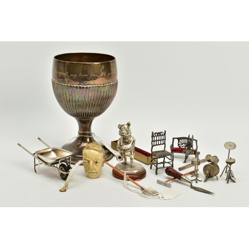 108 - A GEORGE III SILVER PEDESTAL CUP AND OTHER ITEMS, the silver cup engraved 'Margaret my love for 25 y... 