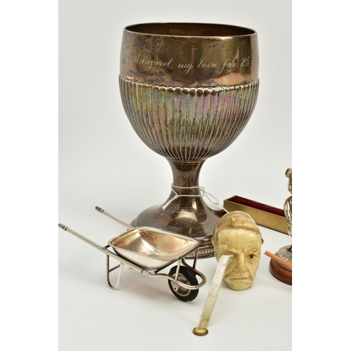 108 - A GEORGE III SILVER PEDESTAL CUP AND OTHER ITEMS, the silver cup engraved 'Margaret my love for 25 y... 