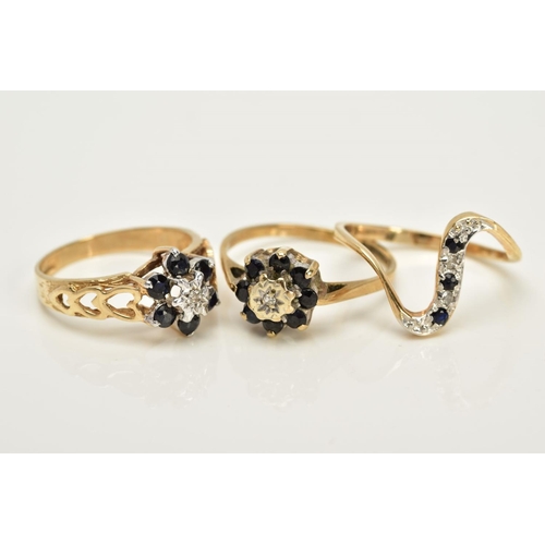 11 - THREE 9CT GOLD SAPPHIRE AND DIAMOND RINGS, to include two clusters, each designed with a single cut ... 