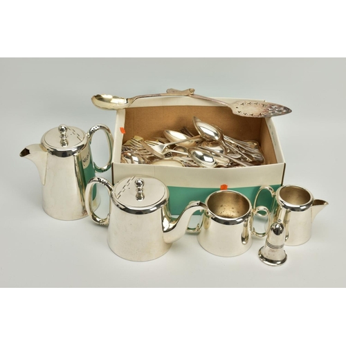 110 - A SELECTION OF METALWARE, to include a white metal coffee pot, teapot, milk jug, sugar pot, a salt p... 