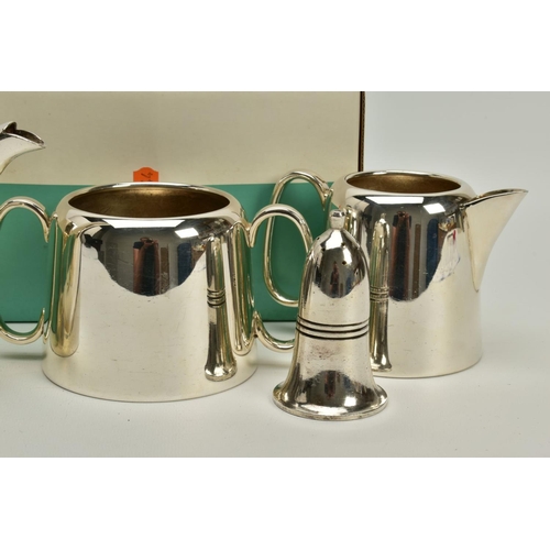 110 - A SELECTION OF METALWARE, to include a white metal coffee pot, teapot, milk jug, sugar pot, a salt p... 