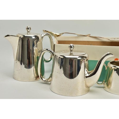 110 - A SELECTION OF METALWARE, to include a white metal coffee pot, teapot, milk jug, sugar pot, a salt p... 