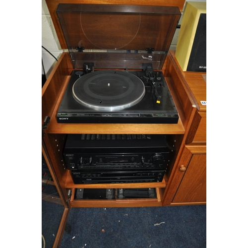 1119 - A SONY COMPONANT HI FI in a teak cabinet, including a Sony CDP-C425 5 disc CD player, a STR-D590 Tun... 