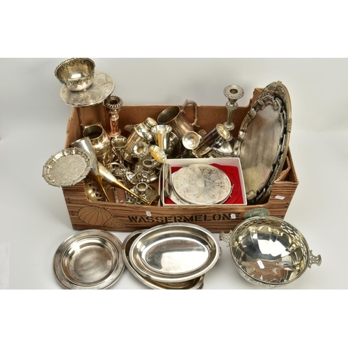 112 - A BOX OF METALWARE, to include seven pewter napkin rings in the form of teapots, a large silver plat... 