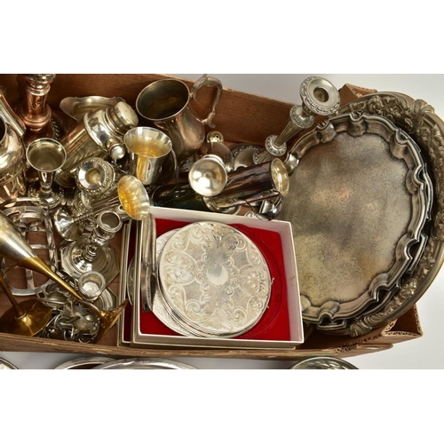 112 - A BOX OF METALWARE, to include seven pewter napkin rings in the form of teapots, a large silver plat... 