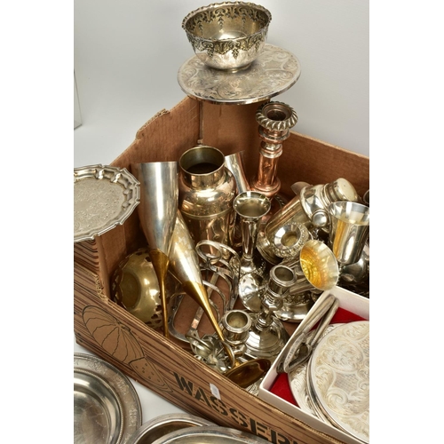 112 - A BOX OF METALWARE, to include seven pewter napkin rings in the form of teapots, a large silver plat... 