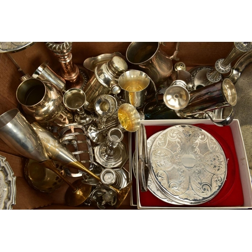 112 - A BOX OF METALWARE, to include seven pewter napkin rings in the form of teapots, a large silver plat... 