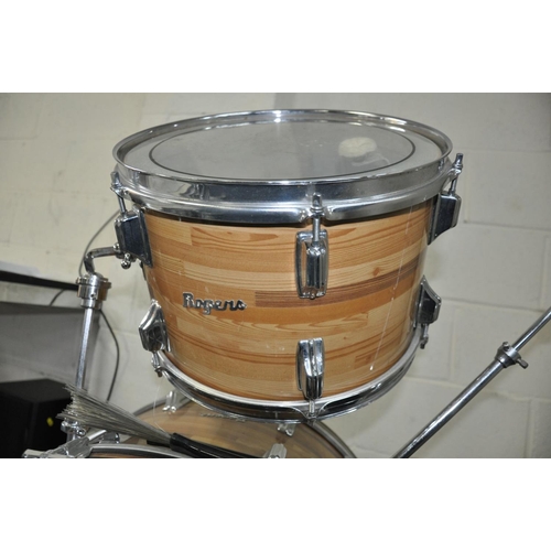 1121 - A 1978 ROGER DRUM KIT with butchers block finish, including a 22 inch x 14 inch kick drum, a 16 inch... 