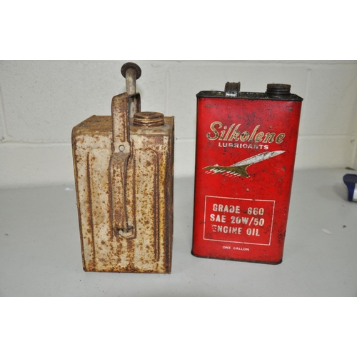 1129 - A VINTAGE ESSO BLUE PARAFFIN CAN and a vintage Silkolene Lubricants can (2)