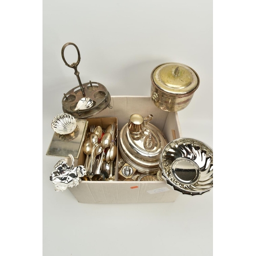 114 - A SELECTION OF METALWARE, to include a white metal ice bucket, serving trays, eight shell shaped foo... 