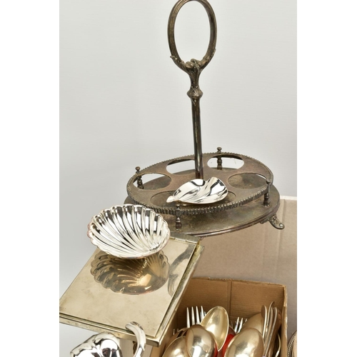 114 - A SELECTION OF METALWARE, to include a white metal ice bucket, serving trays, eight shell shaped foo... 