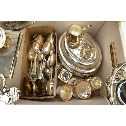 114 - A SELECTION OF METALWARE, to include a white metal ice bucket, serving trays, eight shell shaped foo... 