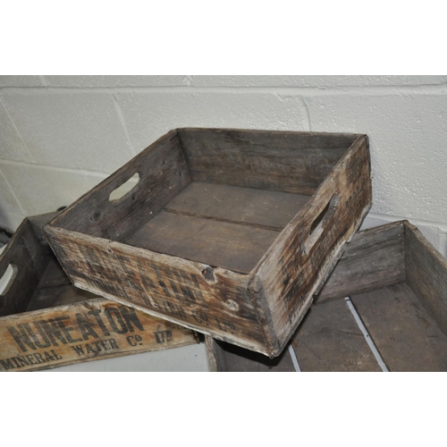 1140 - THREE VINTAGE WOODEN HANDLED TRAYS, width 40cm x depth 36cm x height 14cm and stamped Nuneaton Miner... 