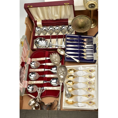 115 - A QUANTITY OF METALWARE, to include two George III spoons, hallmarked Birmingham, two Georgian pickl... 