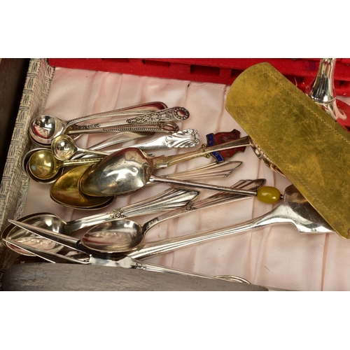 115 - A QUANTITY OF METALWARE, to include two George III spoons, hallmarked Birmingham, two Georgian pickl... 