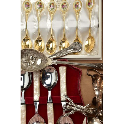 115 - A QUANTITY OF METALWARE, to include two George III spoons, hallmarked Birmingham, two Georgian pickl... 