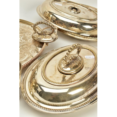 116 - A QUANTITY OF METALWARE, to include items such as a large silver plated oval footed foliate embossed... 