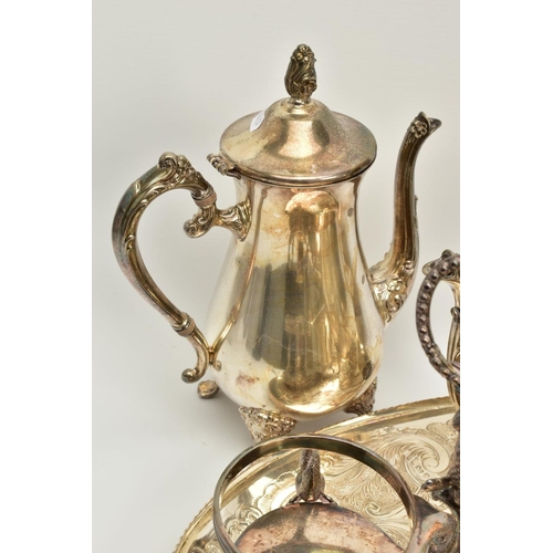 116 - A QUANTITY OF METALWARE, to include items such as a large silver plated oval footed foliate embossed... 