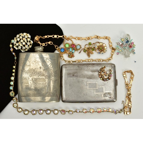 118 - A PEWTER HIP FLASK, CIGARETTE CASE AND SMALL QUANTITY OF COSTUME JEWELLERY, the pewter hip flask dec... 