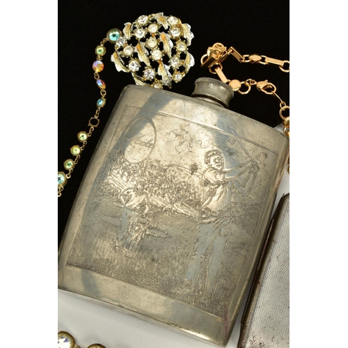 118 - A PEWTER HIP FLASK, CIGARETTE CASE AND SMALL QUANTITY OF COSTUME JEWELLERY, the pewter hip flask dec... 