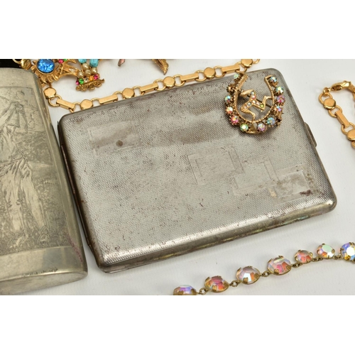 118 - A PEWTER HIP FLASK, CIGARETTE CASE AND SMALL QUANTITY OF COSTUME JEWELLERY, the pewter hip flask dec... 