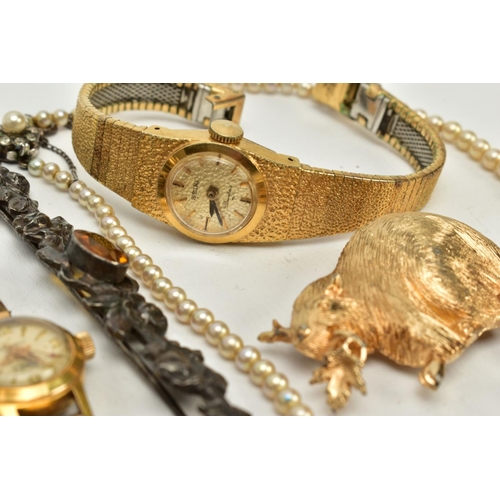 119 - A SMALL QUANTITY OF JEWELLERY, to include three wristwatches such as ladies Seiko, gold dial, baton ... 