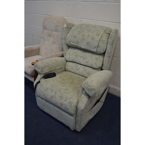 1204 - A GREEN FLORAL ELECTRIC RISE AND RECLINE ARMCHAIR, together with a cream and wooden armchair (2)