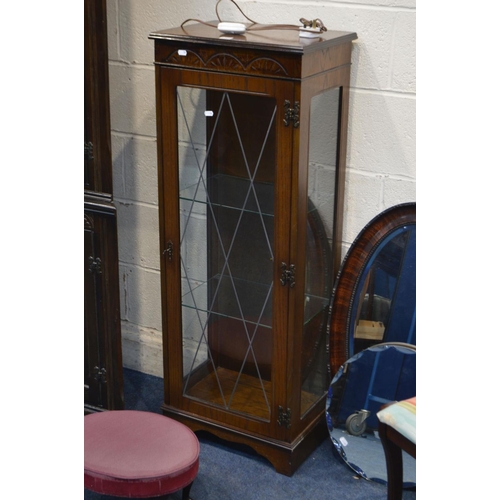 1205 - A SLIM OAK FINISH SINGLE DOOR CHINA CABINET (key) together with an oak corner cupboard, single chair... 