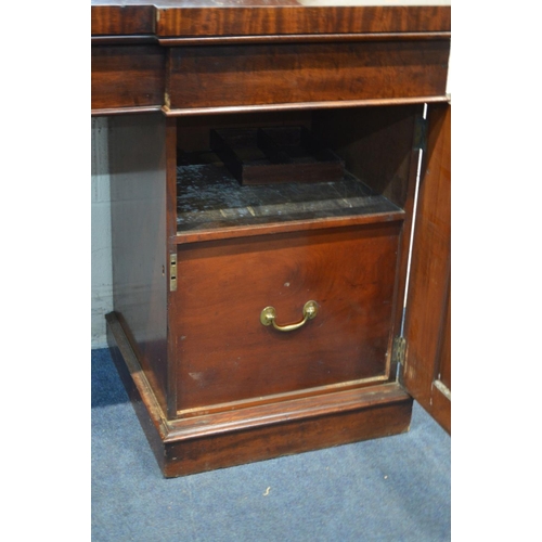 1208 - A VICTORIAN MAHOGANY MIRRORBACK PEDESTAL SIDEBOARD, carved foliate decoration, inverted breakfront, ... 