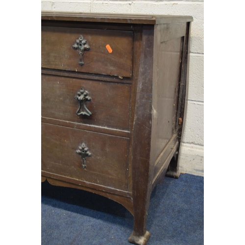 1212 - AN EARLY TWENTIETH CENTURY MAHOGANY ARTS AND CRAFTS CHEST OF THREE DRAWERS, with shaped copper drop ... 