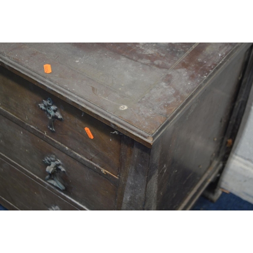 1212 - AN EARLY TWENTIETH CENTURY MAHOGANY ARTS AND CRAFTS CHEST OF THREE DRAWERS, with shaped copper drop ... 