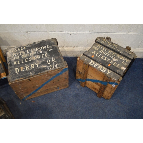 1213 - FOUR VINTAGE WOODEN PACKING CRATES and another larger packing crate, marked to each crate, flight li... 