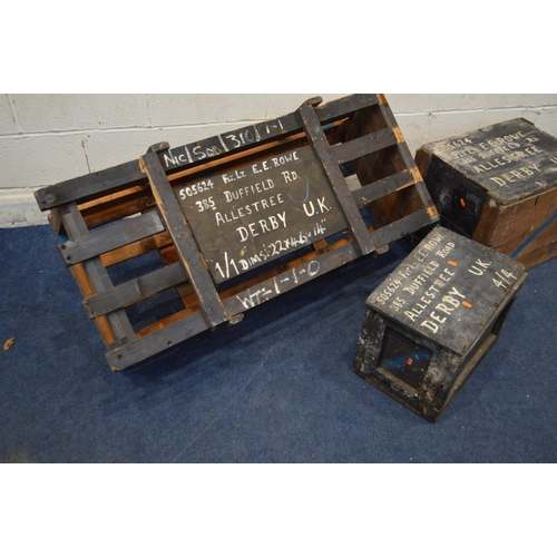 1213 - FOUR VINTAGE WOODEN PACKING CRATES and another larger packing crate, marked to each crate, flight li... 