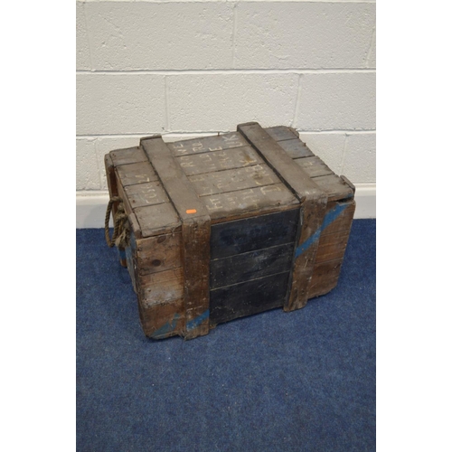 1213 - FOUR VINTAGE WOODEN PACKING CRATES and another larger packing crate, marked to each crate, flight li... 