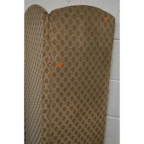 1214 - A VINTAGE GOLD UPHOLSTERED FOUR FOLD FLOOR STANDING SCREEN, width of each panel 39cm x height 168cm