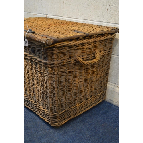 1219 - A LARGE VINTAGE WICKER CRATE, metal hinges and latch, width 85cm x depth 61cm x height 59cm