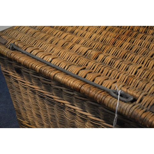 1219 - A LARGE VINTAGE WICKER CRATE, metal hinges and latch, width 85cm x depth 61cm x height 59cm