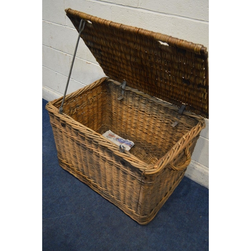 1219 - A LARGE VINTAGE WICKER CRATE, metal hinges and latch, width 85cm x depth 61cm x height 59cm