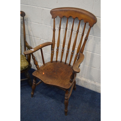 1220 - A NINETEENTH CENTURY ELM AND BEECH SPINDLE BACK WINDSOR ARMCHAIR (repairs) together with a modern ma... 