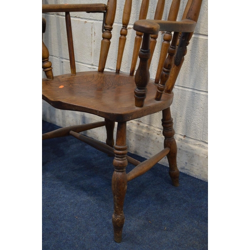 1220 - A NINETEENTH CENTURY ELM AND BEECH SPINDLE BACK WINDSOR ARMCHAIR (repairs) together with a modern ma... 