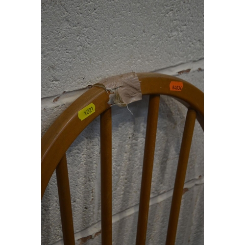 1221 - A SET OF THREE DISTRESSED ERCOL BLOND ELM AND BEECH HOOP SPINDLE BACK CHAIRS