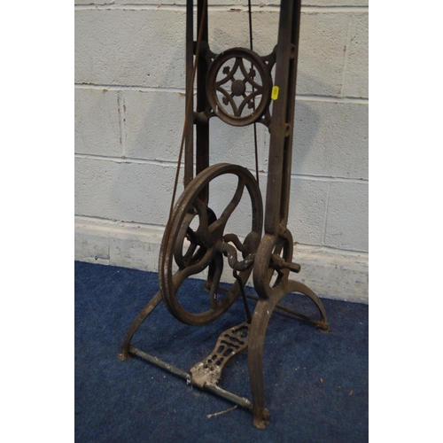 1222 - A VINTAGE TREDLE DRILL, width 43cm x depth 44cm x height 112cm and a oak handled severquick (2)