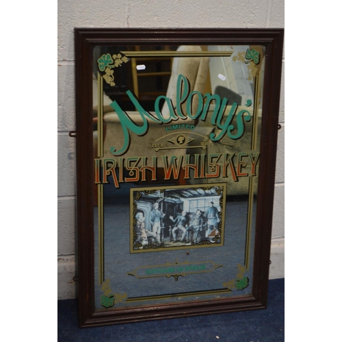 1234 - A MALONY'S IRISH WHISKY PUB MIRROR, 65cm x 96cm, together with a Players Navy Cut mirror, foliate gi... 