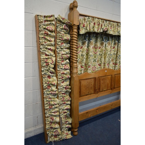 1235 - A PINE 4' BARLEY TWIST FOUR POSTER FULL TESTER BED FRAME, with side rails, slats and floral drapes, ... 