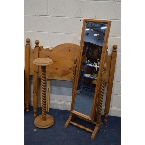 1240 - A QUANTITY OF VARIOUS PINE BEDROOM FURNITURE, to include a barley twist cheval mirror, a double and ... 