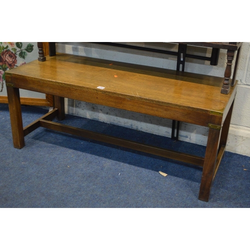 1242 - A HARDWOOD CAMPAIGN COFFEE TABLE, together with an oak needlework firescreen, oak two tier stand and... 